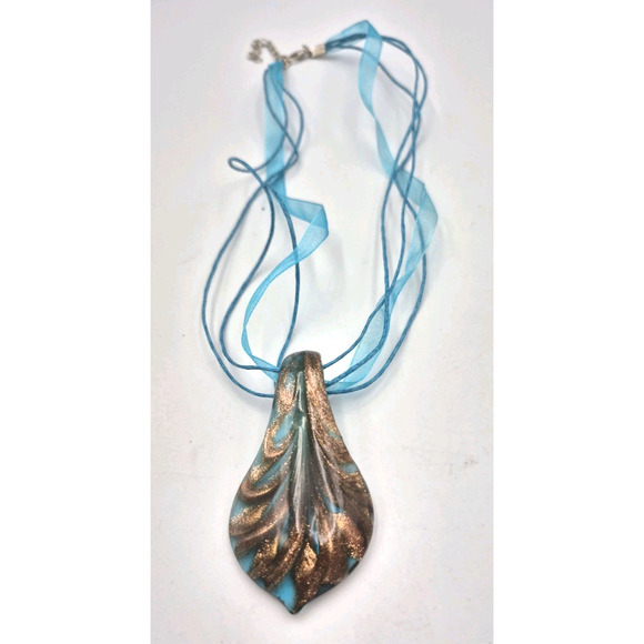 Murano Style Glass Bead Pendant Necklace Blue Ribbon Silvertone Clasp - Picture 1 of 7